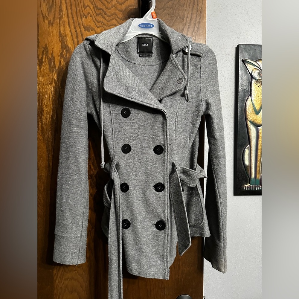 Obey Giant Grey Knit Double Breasted Jacket Shepard Fairey